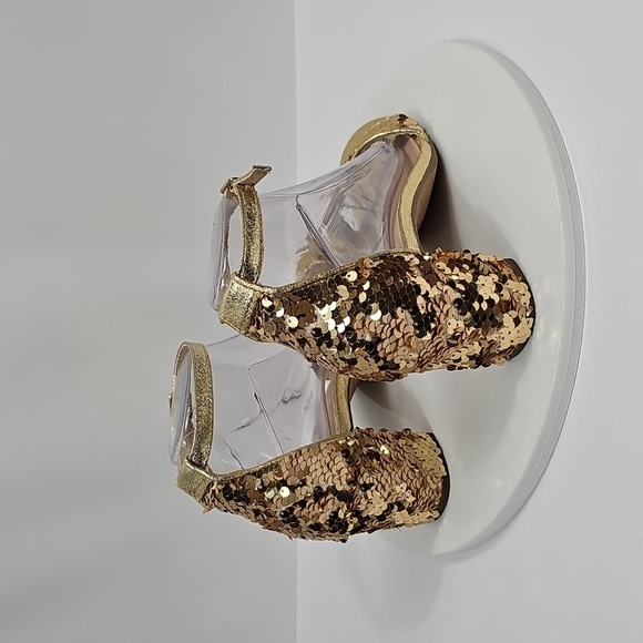 Steve Madden Carrson Sequin Block Heel Sandals 6 Gold Ankle Strap Formal Dress - Picture 6 of 14